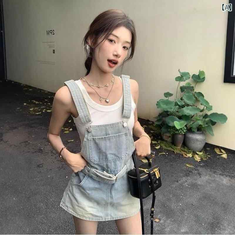 オーバーオール サロペット デニム パンツ レディース カジュアル レトロ サスペンダー スカート 夏 裏地 付きaライン スカート