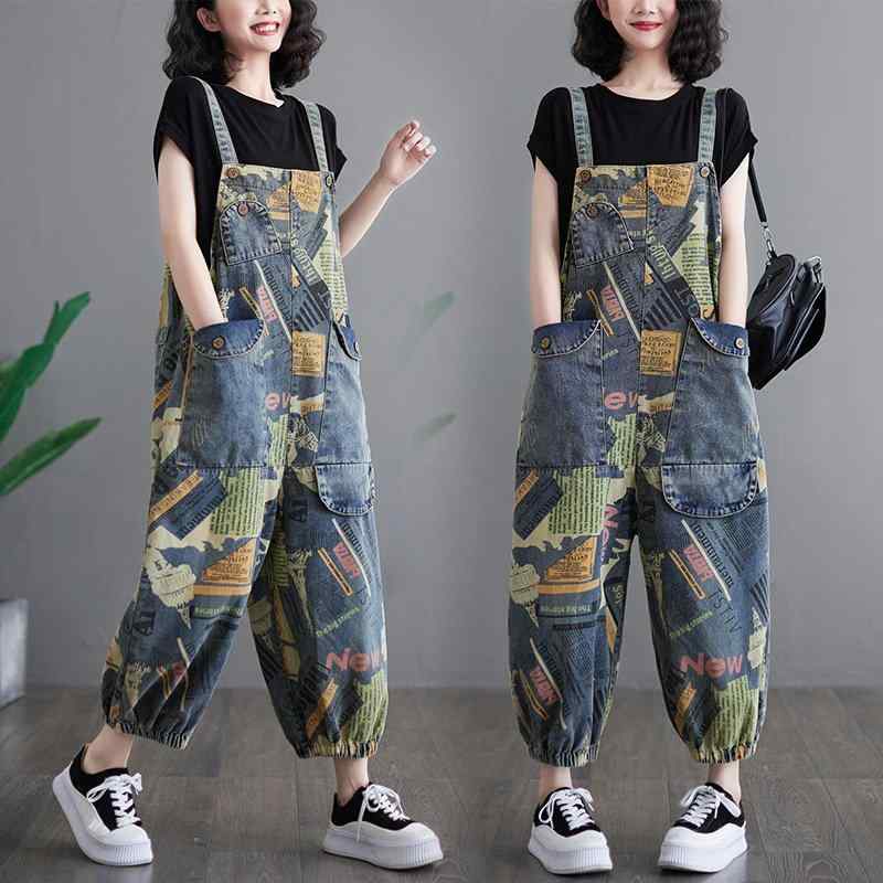 オーバーオール サロペット デニム パンツ レディース カジュアル 夏 ゆったり 大きいサイズ レトロ プリント ビッグ オーバー オール ジャンプスーツ