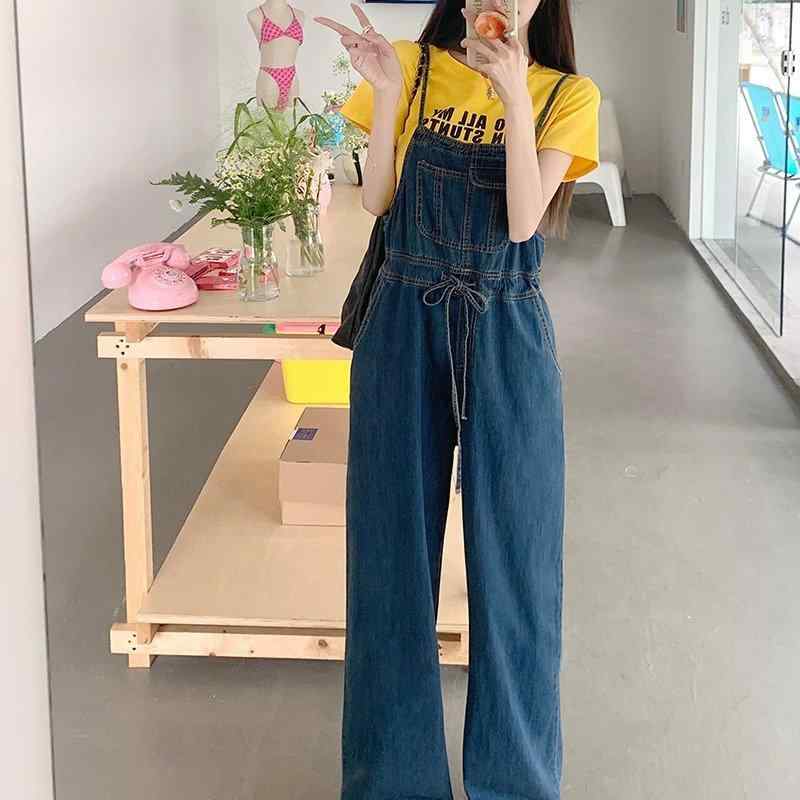 オーバーオール サロペット デニム パンツ レディース カジュアル 夏 薄手 レトロ ウエストドローストリング ストレート ワイド レッグ ジャンプスーツ