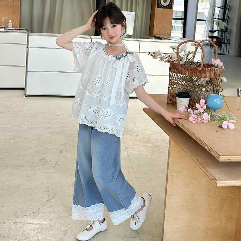 キッズ 女の子 夏 子供 ファッション 韓国 トップス シャツ レース ジーンズ デニム セット カジュアル 軽量 スタイリッシュ