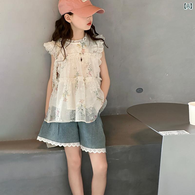 キッズ お嬢さん 夏 赤ちゃん 流行り物 格好のいい か細い 花柄 フラウンス 袖 セットアップ 冷やりとした 愛くるしい 透け透け 雅びやか