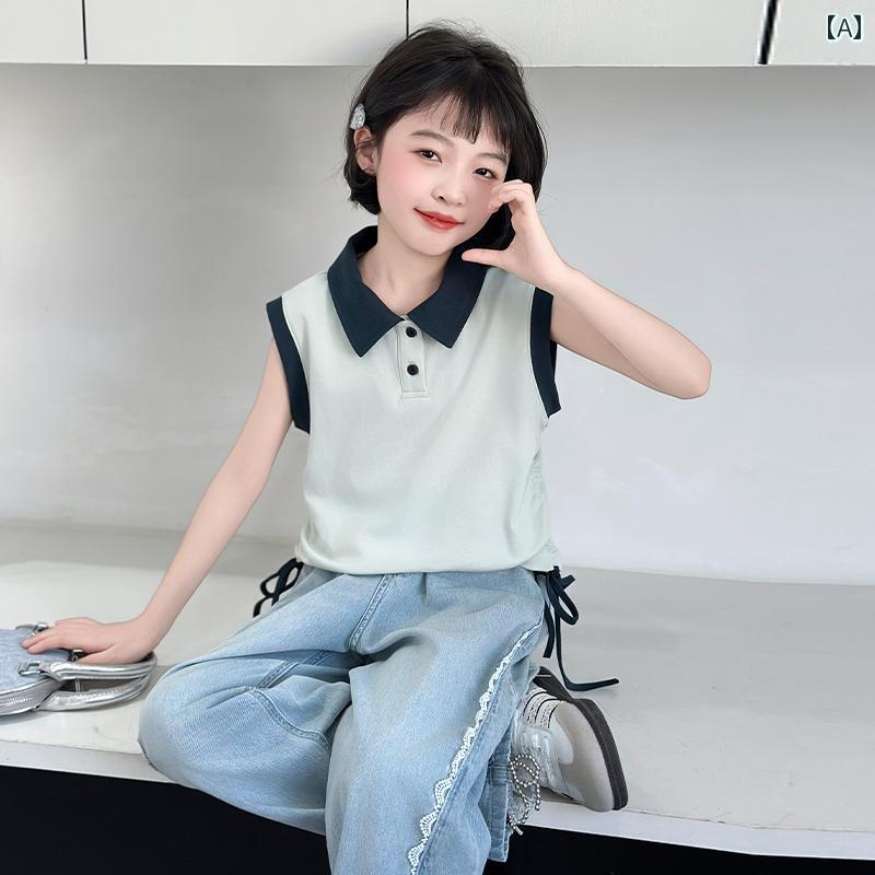キッズ 女の子 夏 子供 トップス ベスト デニム ジーンズ パンツ ２点 セット カジュアル モダン ファッショナブル 無地