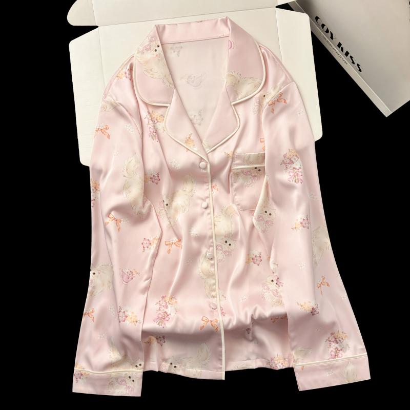パジャマ シルク 猫 花 プリント ナイト ウェア 半袖 シングルブレスト ラペル ショートパンツ セット カジュアル 高級感 春 レディース 軽量 ソフト 日常使い ギフト プレゼント|ラ・グラーヌ