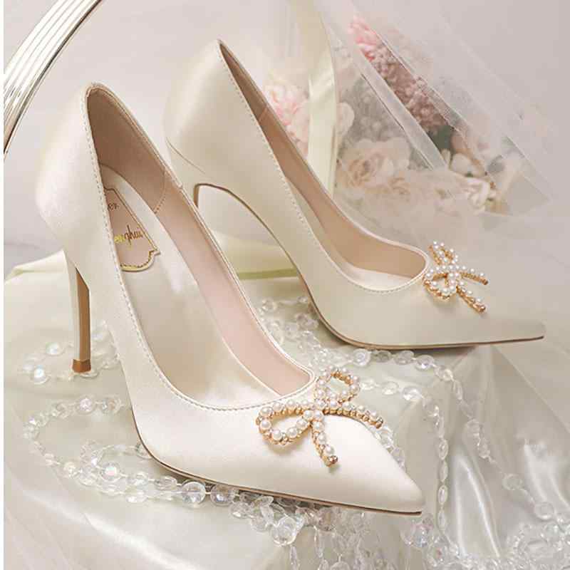 レディース パンプス シューズ 靴 小さいサイズ ポインテッドトゥ ヒール パーティー ウェディング 花嫁 大きいサイズ リボン フェミニン