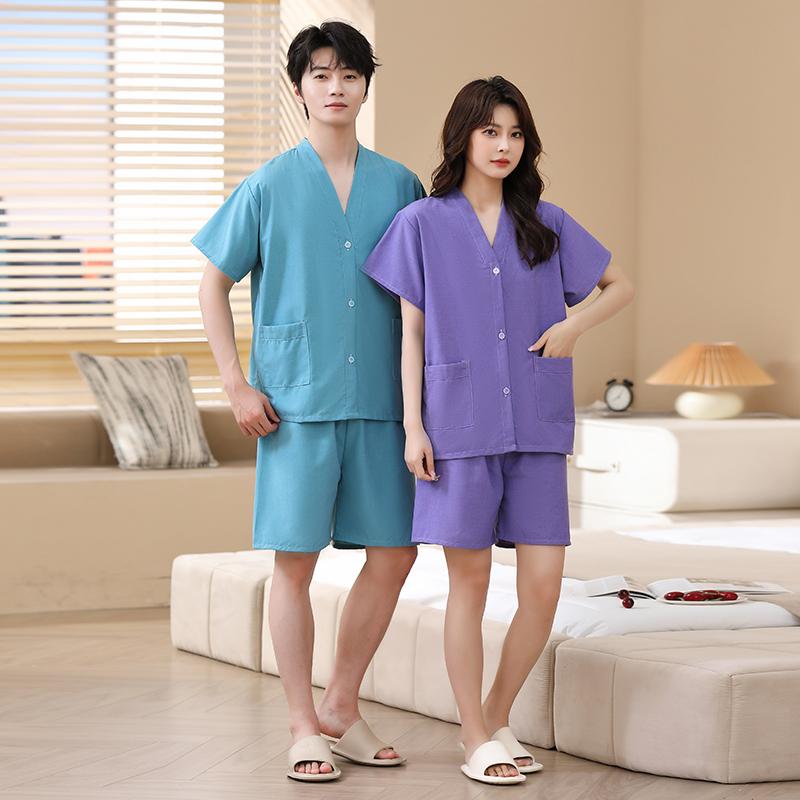 サウナ服 ルームウェア パジャマ スパ 岩盤浴 半袖 シャツ トップス ハーフパンツ シンプル カジュアル おしゃれ ラフ リラックス Ｖネック 柔らか レディース メンズ カップル ペア