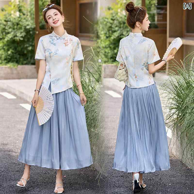 婦人服 セットアップ ファッション スーツ 夏 チャイナ風 ボタン チャイナドレス スタンドカラー モダン トップス スカート ツーピース｜ラ・グラーヌ