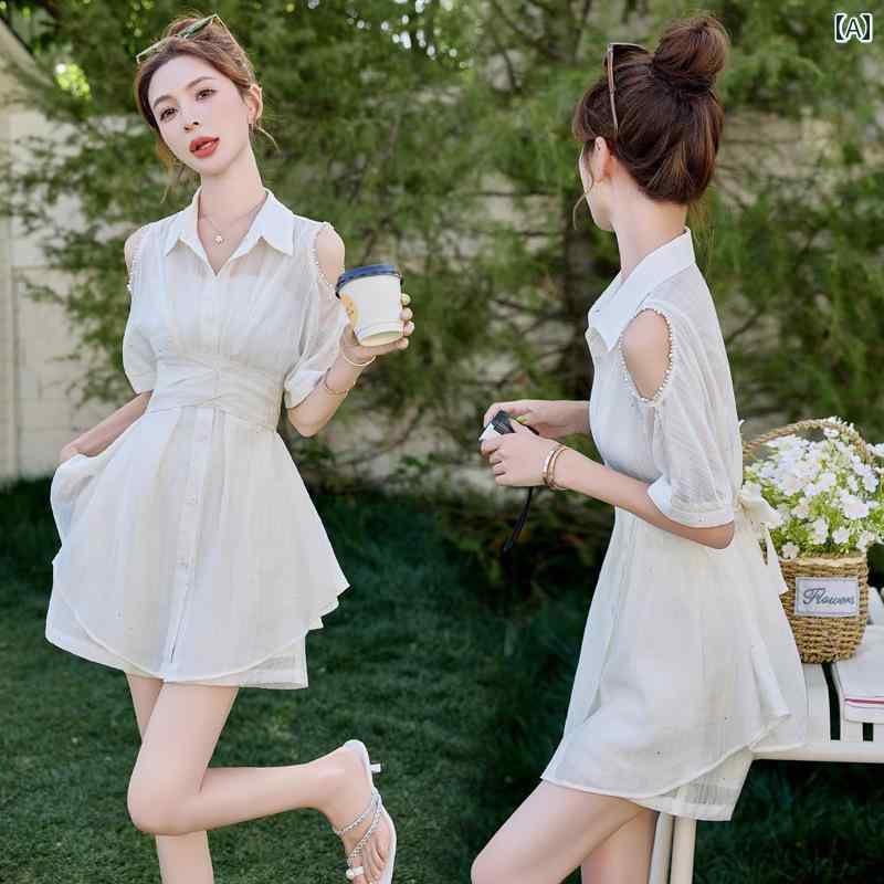 婦人服 セットアップ 夏 オフショルダー シャツ ドレス スタイリッシュ 露出 若見え スリム ツーピース ショートパンツ スーツ