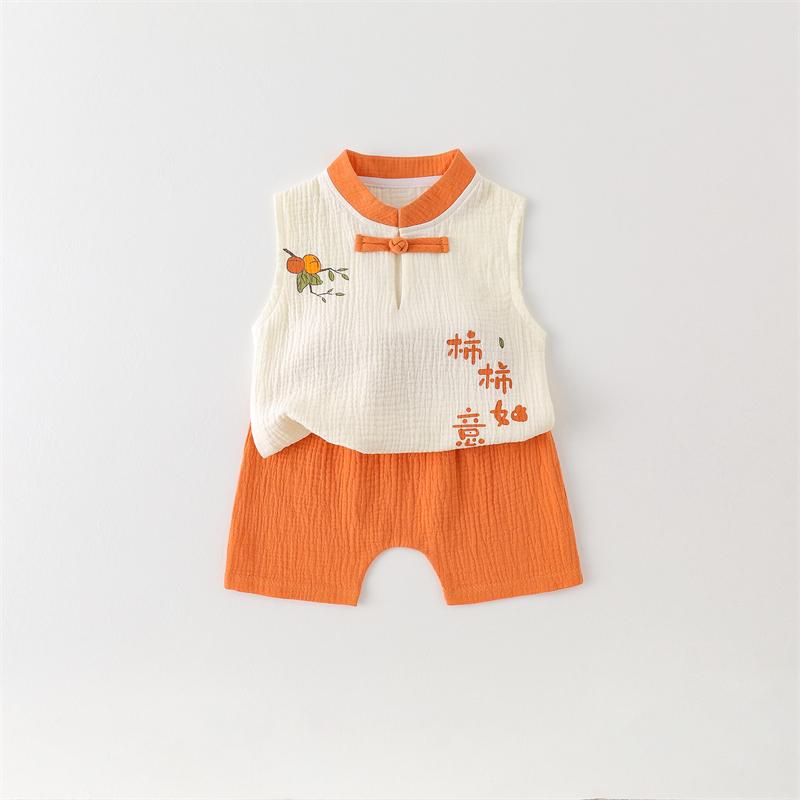 ベビー服 赤ちゃん用品 セットアップ 上下セット 2点セット トップ ズボン カジュアル お出かけ ノースリーブ チャイナ風 民族風 夏 漢服 幼児