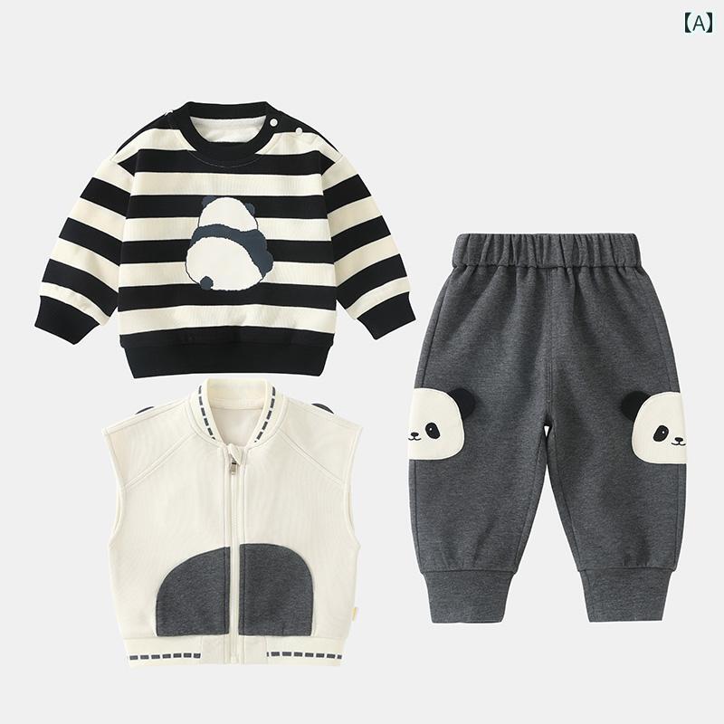 ベビー服 赤ちゃん用品 上下セット 3点セット トップ ベスト ズボン 快適 パンツ かわいい お出かけ 春秋 春 スリーピース パンダ アニマル 動物