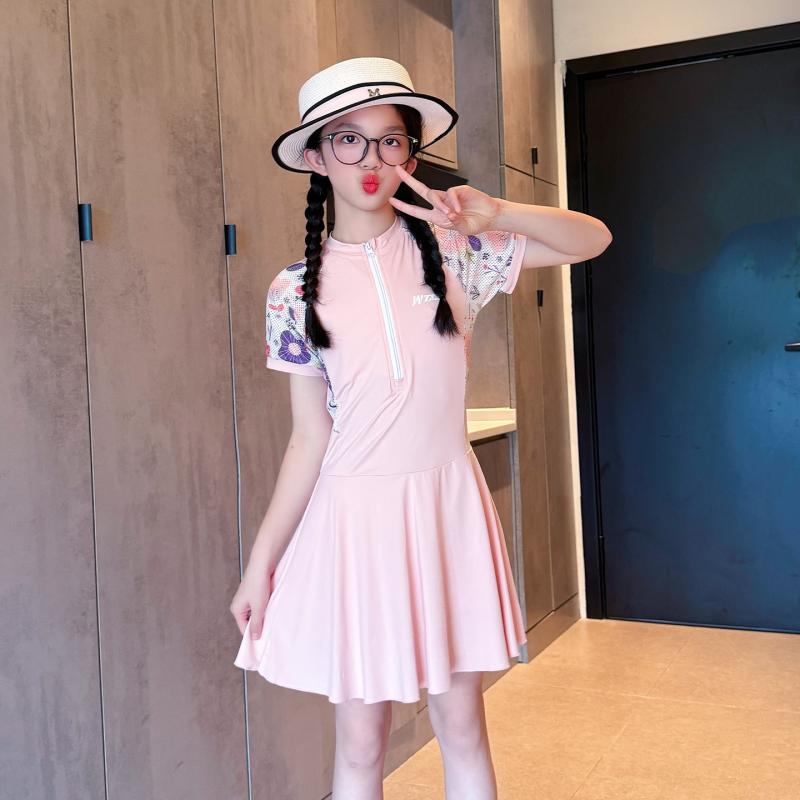 水着 キッズ ガールズ ファッション 中学生 夏 アイテム スイムウェア ワンピース 半袖 ビーチ プール アウトドア リゾート リラックス 快適 胸パッド付 涼感 フラワー柄