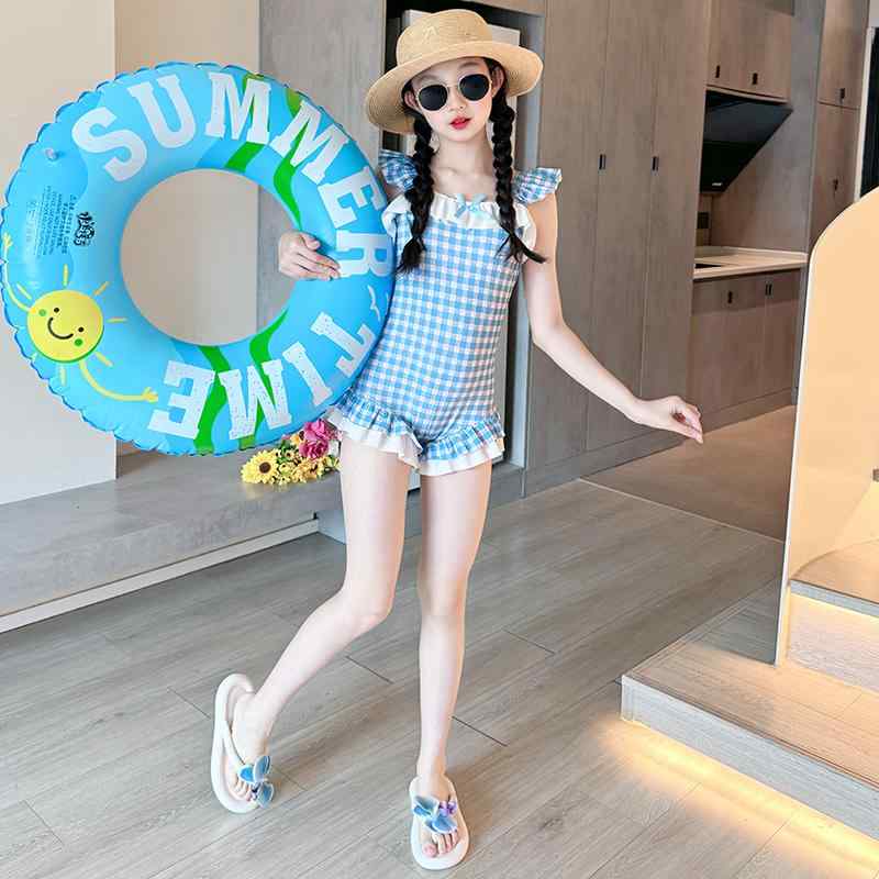 女の子 ハイエンド 水着 子供 ワンピース 一体型 大きいサイズ 夏 胸 パッド 付き チェック リボン 花 おしゃれ さわやか