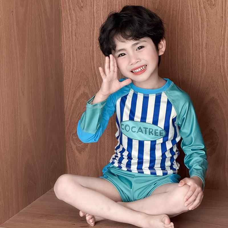 男の子 水着 子供 セパレート 分割 長袖 日焼け防止 ベビー 小学生 伸縮性 ストライプ 海辺 ビーチ プール