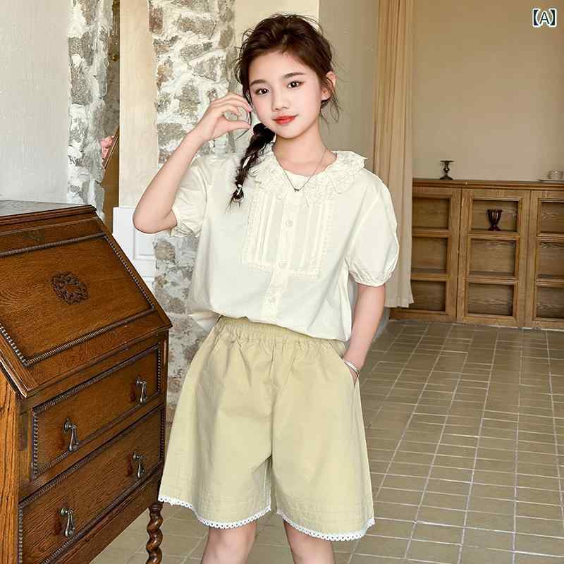 キッズ 女の子 夏服 薄手 中学生 ガール スウィート シャツ トップス 女児 子供 ショーツ ツーピース キュート セットアップ