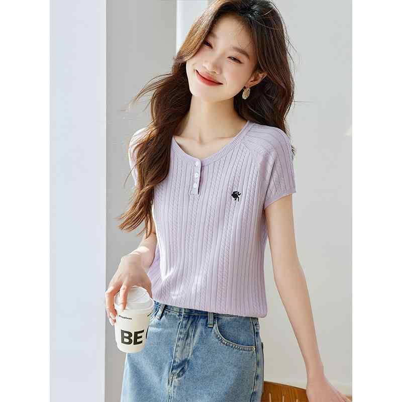 Tシャツ 刺繍入り ストライプ ラウンドネック 半袖Tシャツ レディース 夏 薄手 ニット セーター マルベリーシルク おしゃれ カジュアル ビジネス レジャー 休日 アーバン スタイリッシュ｜ラ・グラーヌ