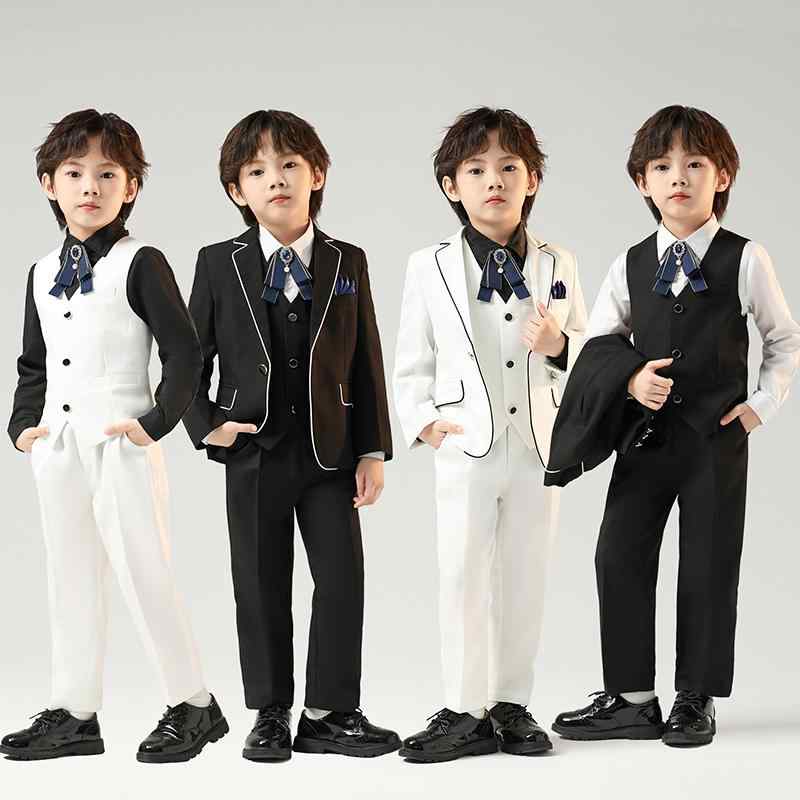 スーツ キッズ ボーイズ ファッション ジャケット アウター ベスト 長袖 トップス シャツ セットアップ ホワイト ブラック 春秋 ピアノ演奏 衣装 フォーマル イベント スタイリッシュ