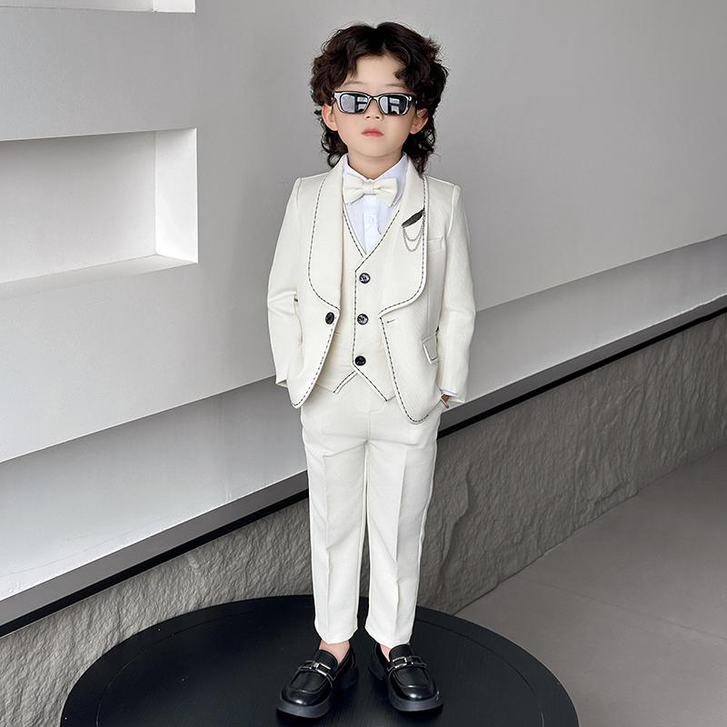 スリーピーススーツ セットアップ ベスト シングル ステッチ 縁取り 白 衣装 春秋 キッズ 子供 メンズ ホスト ステージ 発表会 パーティー フォーマル
