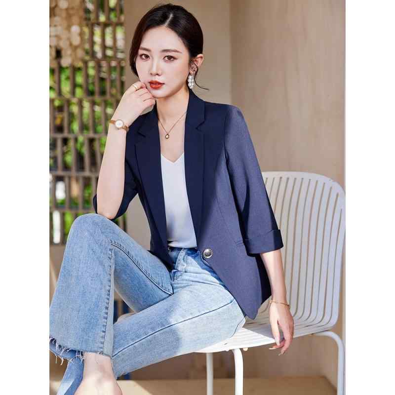 女性 ジャケット 春夏 ファッション ハイエンド カジュアル 七分袖 上品 薄手 フェミニン 大きいサイズ ボタン１つ 無地｜ラ・グラーヌ