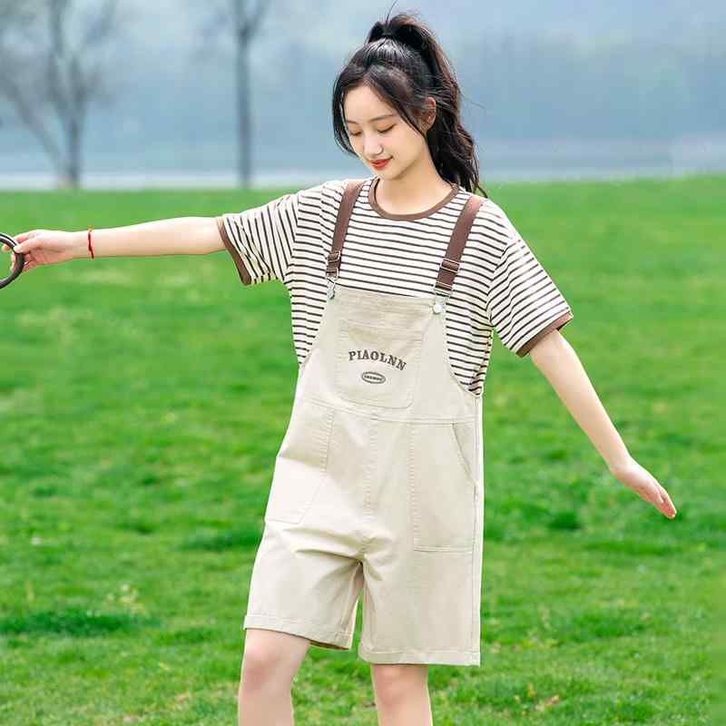ガールズ オーバー オール Tシャツ ボーダー 柄 ツーピース 2点セット カジュアル デイリー 中学生 夏 女子高生