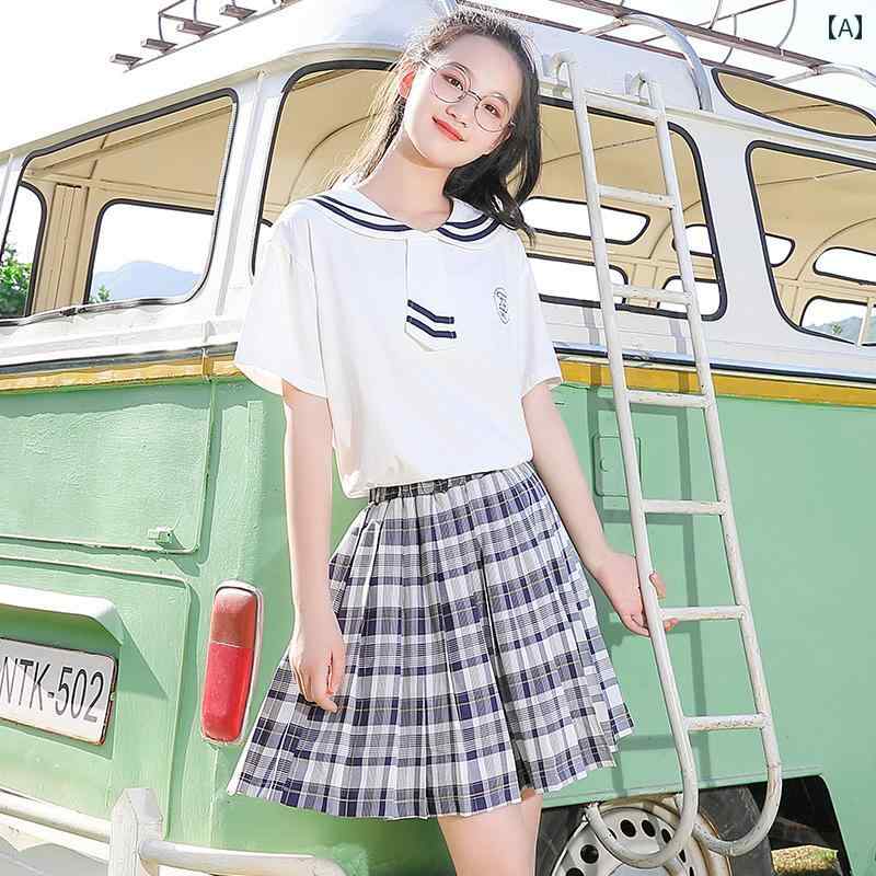 ガールズ 夏 JK 制服 スカート キュロット チェック 柄物 上下セット 2点セット かわいい ツーピース セーラーカラー 子供 キッズ 高校生 中学生 学生｜ラ・グラーヌ