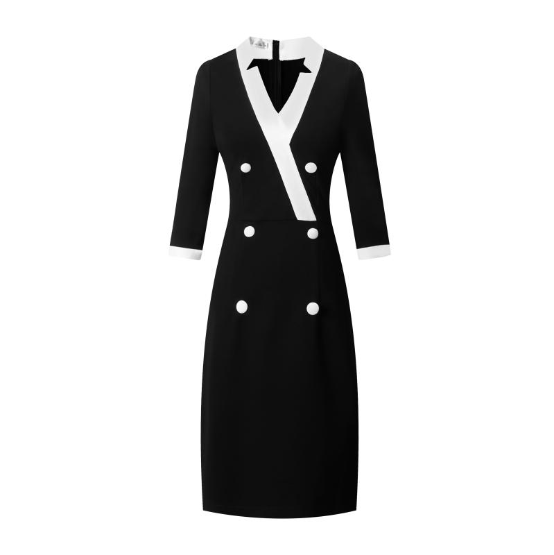 制服 ユニフォーム ワンピース 白襟 Ｖネック 半袖 七分袖 無地 ボタン 黒白 フィット 夏 レディース 受付 フロント オフィス ショップ サロン 接客 好感度