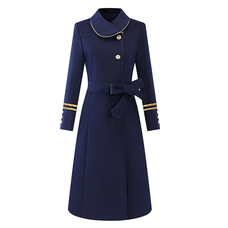 制服 ユニフォーム コート ウール スタンドカラー 無地 金縁 ゴールド ステッチ 膝丈 リボン 黒 紺 フィット 秋冬 レディース OL 通勤 受付 イベント かわいい