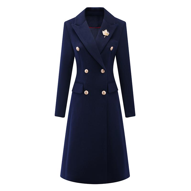制服 ユニフォーム コート ウール 無地 膝丈 襟 ダブル ボタン フィット 紺 秋冬 レディース OL 通勤 受付 フロント イベント ショップ 接客 シック