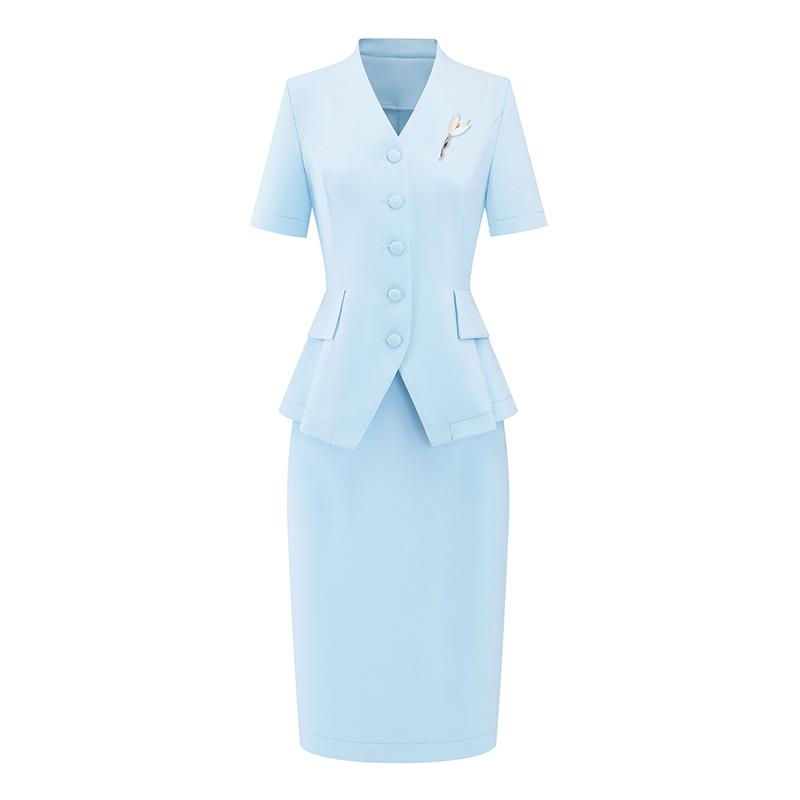 制服 ユニフォーム スカートスーツ ジャケット Ｖネック 無地 半袖 フィット 水色 夏 レディース 受付 フロント クリニック サロン ショップ 接客 清潔感