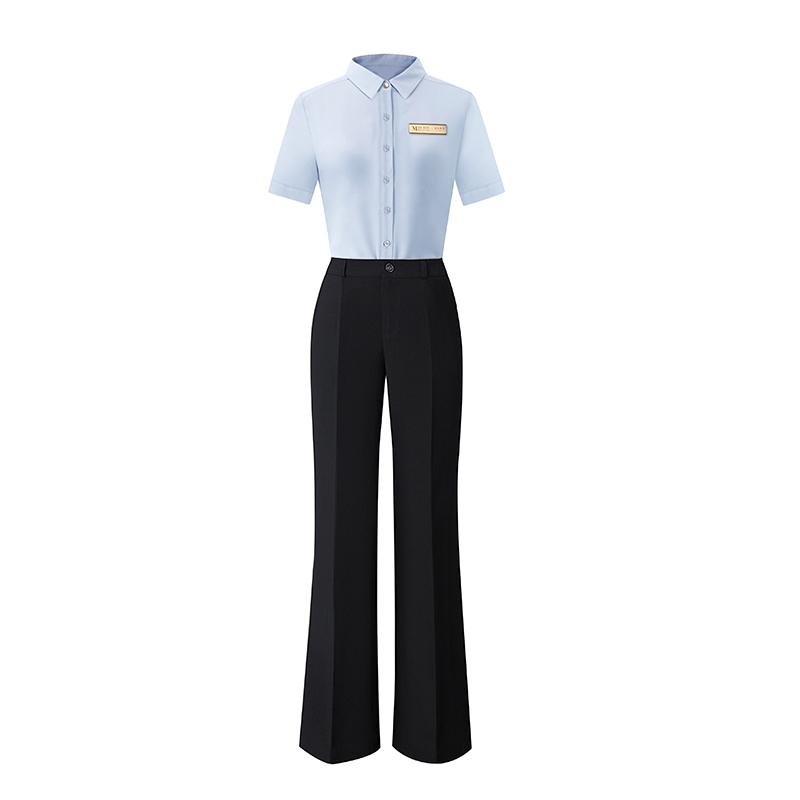制服 ユニフォーム 半袖シャツ 黒パンツ 襟 無地 フィット 韓国 夏 レディース 受付 フロント オフィス ショップ 店員 レストラン カフェ シンプル