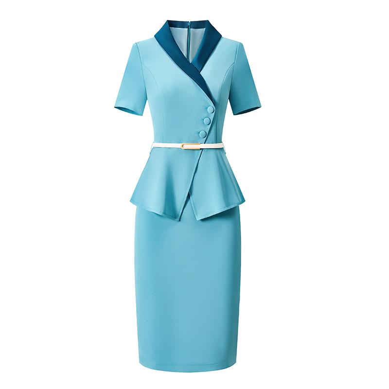 制服 ユニフォーム スーツ風 ドレス Ｖネック 半袖 カラーブロック スリムフィット 夏 レディース 受付 フロント クリニック ショップ 接客 清潔感 スマート