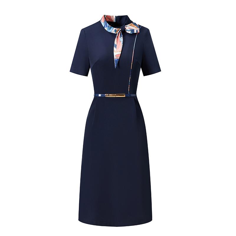 制服 ユニフォーム ワンピース 丸首 リボン 半袖 アクセントカラー スリムフィット 夏 レディース 受付 フロント CA ショップ 接客 高級感 フェミニン