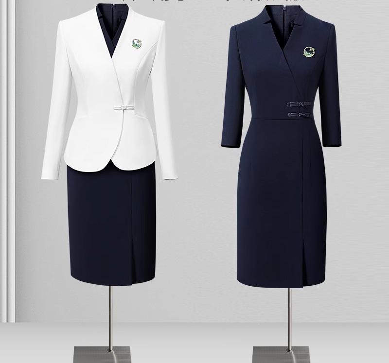 制服 ユニフォーム スーツ 半袖ワンピース 立て襟 V字 カラーブロック スリムフィット レディース 受付 フロント ショップ 接客 フォーマル 高級感 チャイナ風｜ラ・グラーヌ