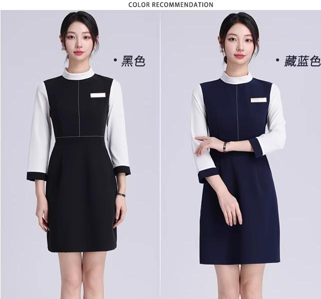 レディース ドレス ワンピース 黒 濃紺 七分袖 高級店舗 スタッフ 接客 制服 立ち襟 スタンドカラー 白襟 白袖 美容 サロン フロント ケアショップ エステティシャン 膝上丈 エレガント スタイリッシュ