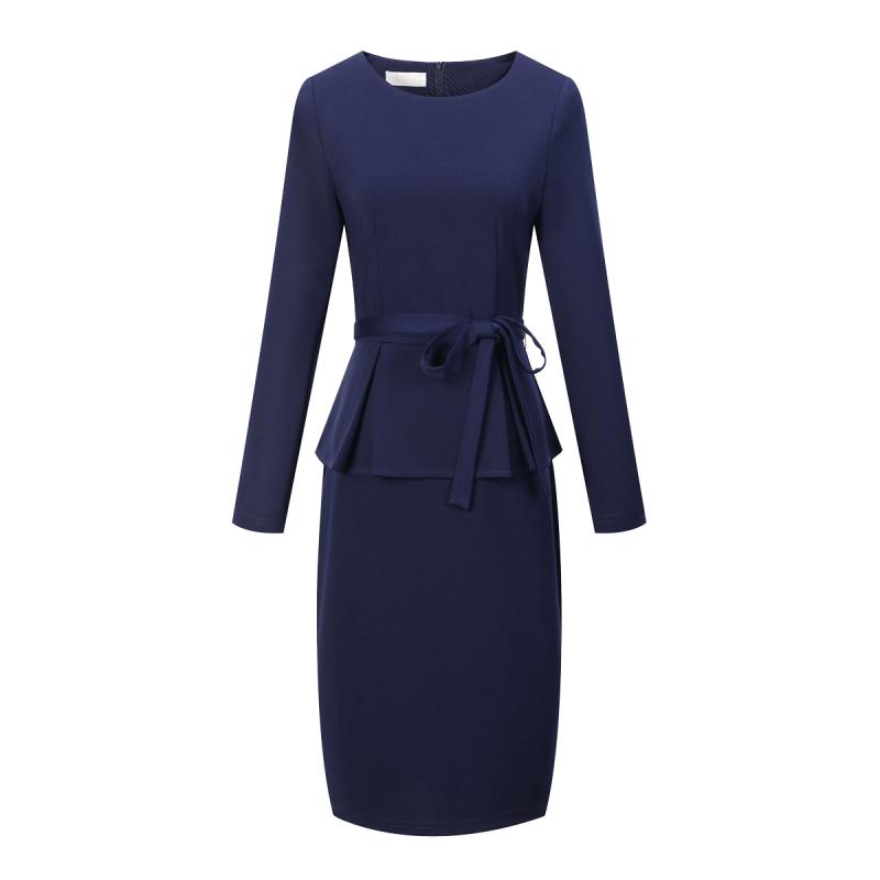 レディース ドレス ワンピース 紺 ネイビーブルー 無地 半袖 七分袖 長袖 ミドル丈 膝丈 ラウンドネック ウエストリボン スリム フレア エレガント 上品 気品 シック フォーマル オフィス スタッフ 制服