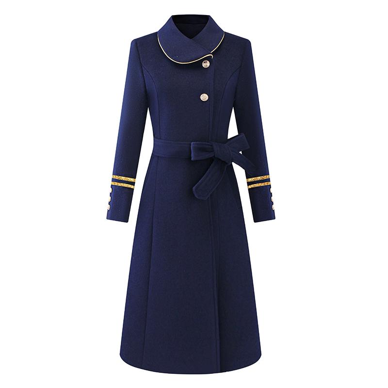 レディース コート ウール混紡 ミドル丈 オフィス 制服 接客 紺青 黒 営業 丸襟 金ボタン２つ リボンループ おしゃれ エレガント フェミニン 袖口カラー ライン 上品 エレガント フォーマル ｜ラ・グラーヌ