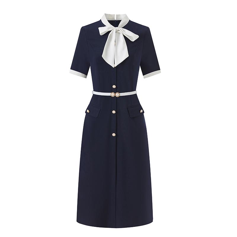 レディース ドレス 半袖 オフィスウェア ワンピース 紺 ミディ丈 ラウンドネック オフィスウェア 制服 白 リボンタイ 蝶結び ベルト シングルブレスト フォーマル シンプル スタッフ 上品 シック 7,668円
