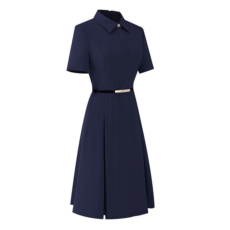 制服 ユニフォーム ワンピース ポロ襟 Aライン フレア 無地 フィット 夏 レディース 通勤 通学 受付 フロント オフィスカジュアル ショップ 清楚 お嬢様風