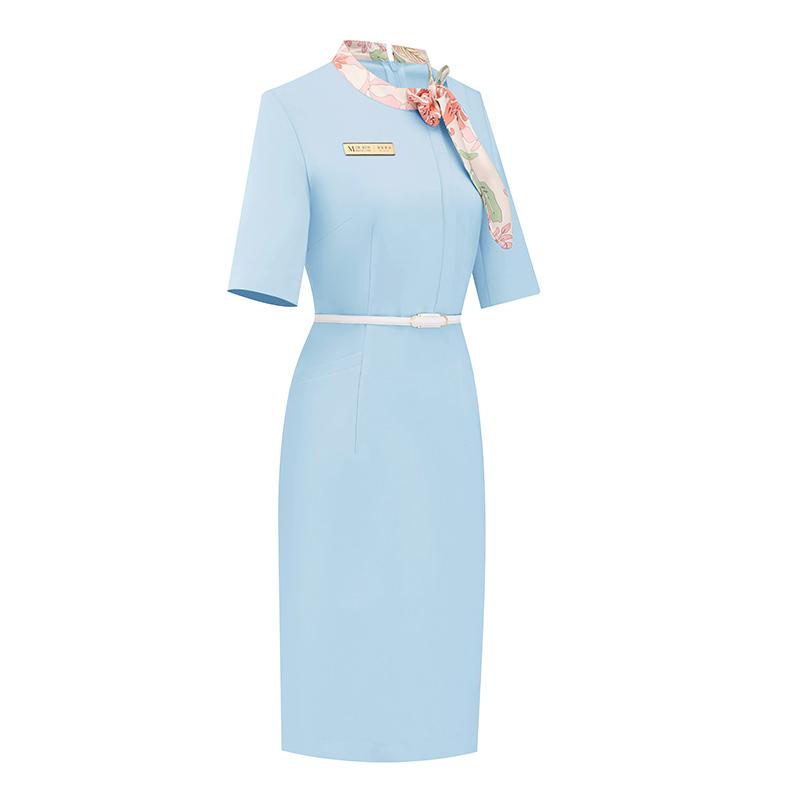 制服 ユニフォーム ワンピース 花柄リボン 半袖 無地 フィット タイト 夏 レディース コンパニオン 受付 フロント サロン イベント ショップ 接客 清潔感