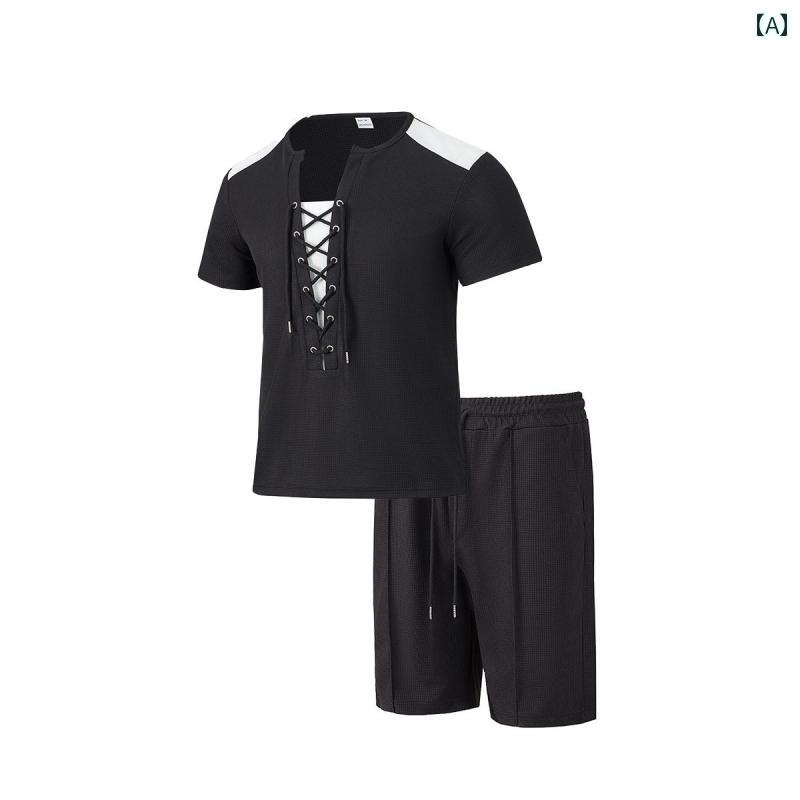 メンズ アメリカン レトロ 大きいサイズ スーツ カジュアル ファッションウェア ロープ ラウンドネック Tシャツ 外出着 半袖 ショートパンツ ツーピース セット