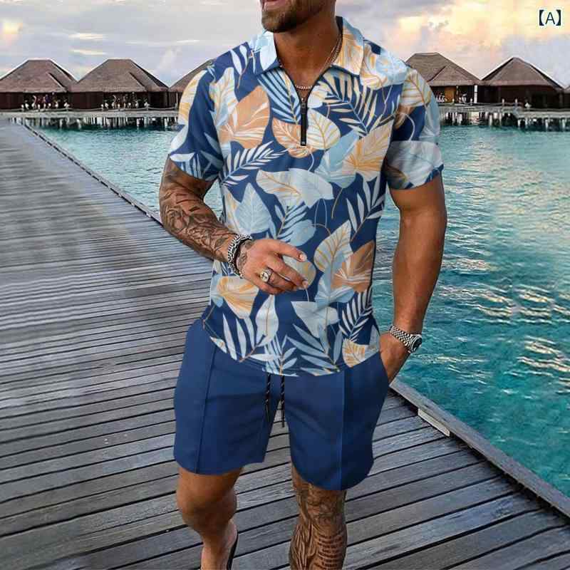 メンズ 欧米 夏 レジャー ビーチ 葉 アウトドア 海外風 ジッパー 半袖 ショートパンツ 旅行 休暇 ツーピース スーツ