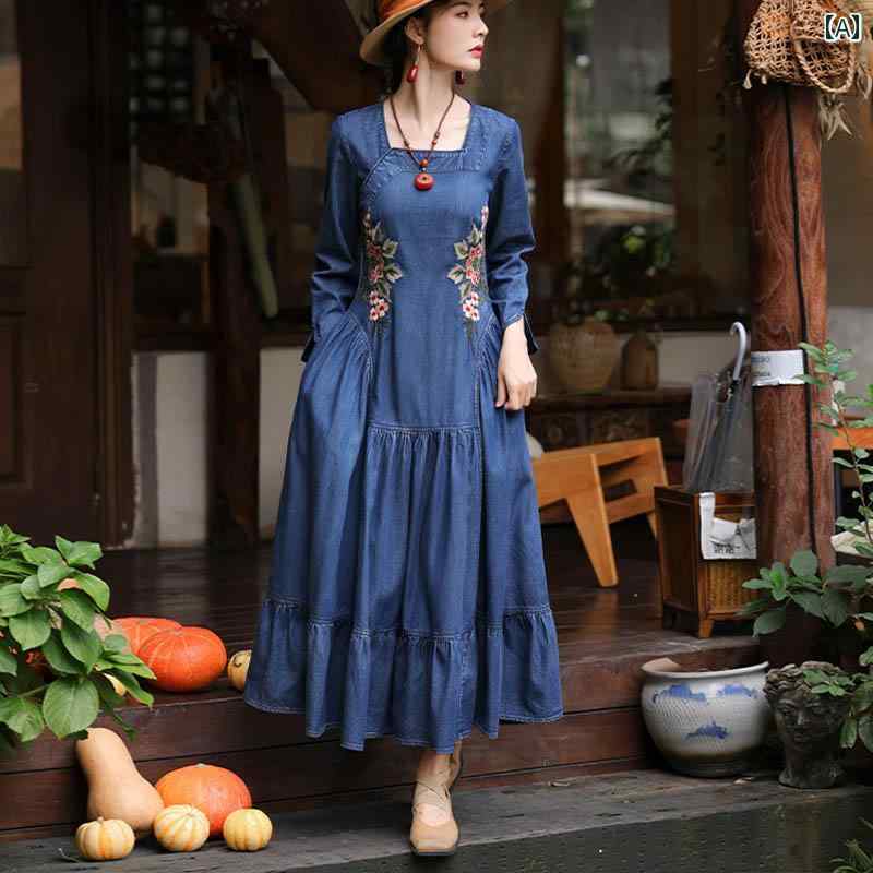 レディース 婦人服 ワンピース ドレス カジュアル フォークロア エスニック レトロ 刺繍 花柄 秋 デニム ジーンズ スクエアネック｜ラ・グラーヌ