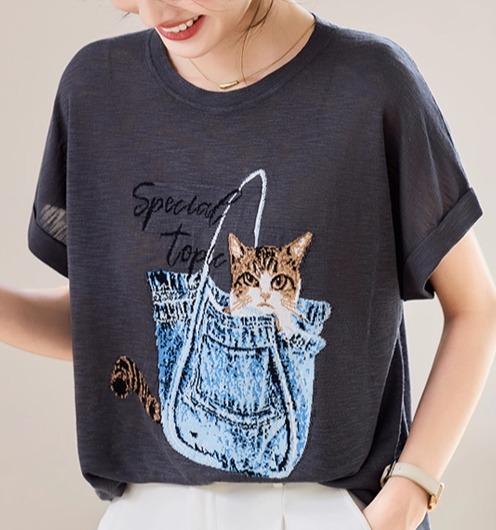 レディース トップス シャツ ラウンドネック 半袖 濃グレー 猫 イラスト ユニーク カジュアル ナチュラル スタイリッシュ シンプル リラクシング 軽量｜ラ・グラーヌ 6,400円