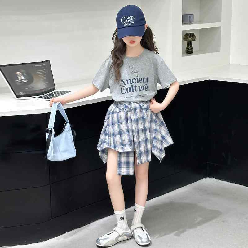 Tシャツ キュロットスカート セットアップ チェック柄 女の子 夏 スーツ 子供 スタイリッシュ ツーピース 小学生 中学生 ガーリー キュート おしゃれ カジュアル 通学 デイリー