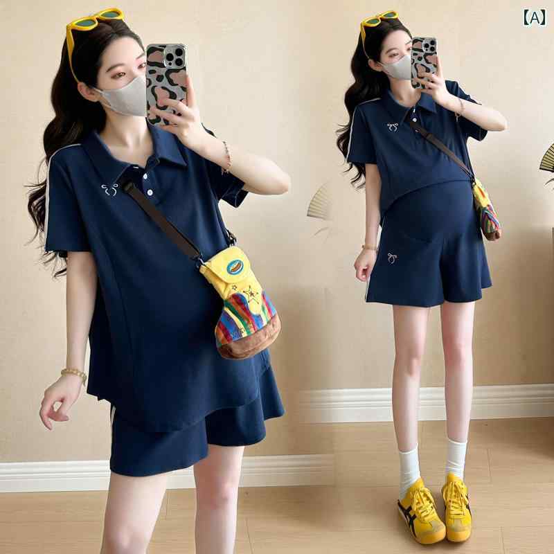 妊婦 夏服 スタイリッシュ カジュアル スーツ ファッション ポロカラー Tシャツ トップス ショートパンツ デイリー ツーピース セット