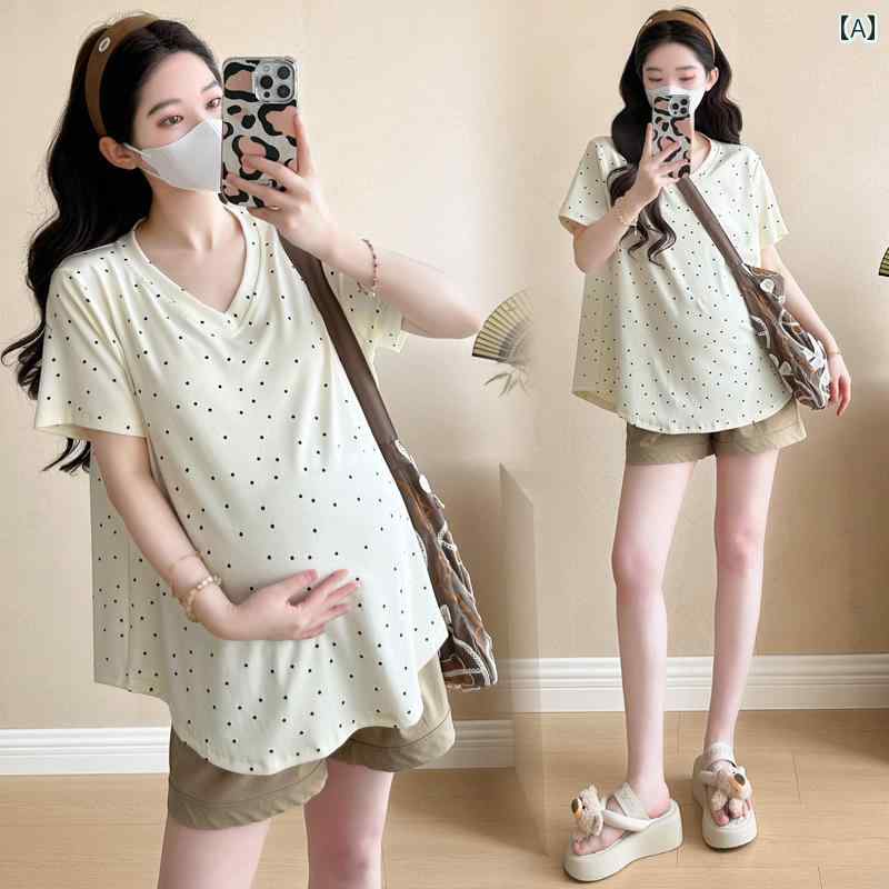 マタニティ 夏服 ツーピース セット 夏 妊婦用セットアップ スーツ 半袖 ドット 快適フィット トップス ショーツ