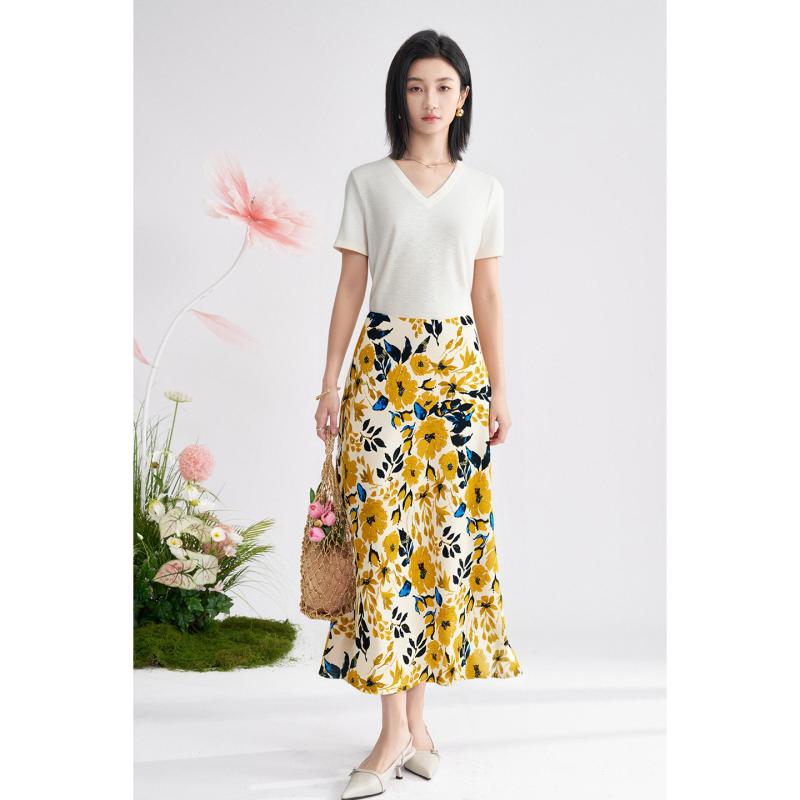 ツーピース スーツ 半袖 プルオーバー Vネック Tシャツ 花柄 ロング丈 スカート セットアップ カジュアル シンプル 万能 ベーシック スリム 夏 レディース 軽量 ソフト 通勤 オフィス 日常着