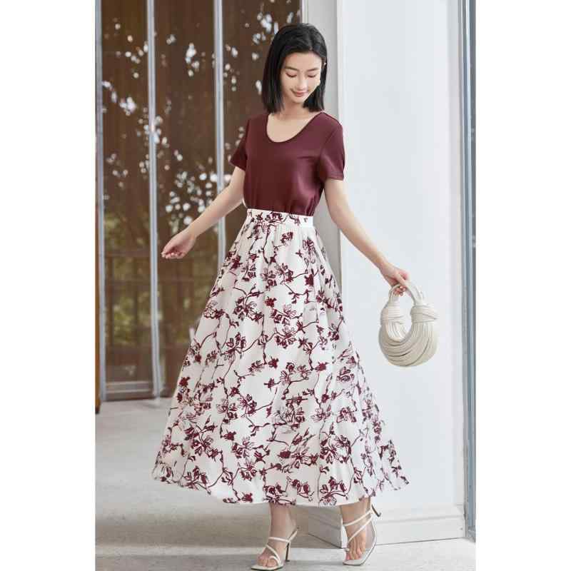 ツーピース スーツ 半袖 プルオーバー ラウンドネック シンプル Tシャツ 白 花柄 プリント Aライン スカート セットアップ カジュアル 夏 レディース 軽量 ソフト 通勤 オフィス 日常使い｜ラ・グラーヌ