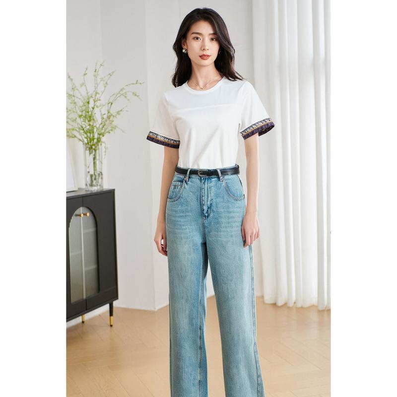ツーピース スーツ 半袖 プルオーバー ラウンドネック ステッチ Tシャツ レトロ ワイド レッグ ジーンズ セットアップ カジュアル ファッション 夏 レディース 軽量 通勤 オフィス 日常使い