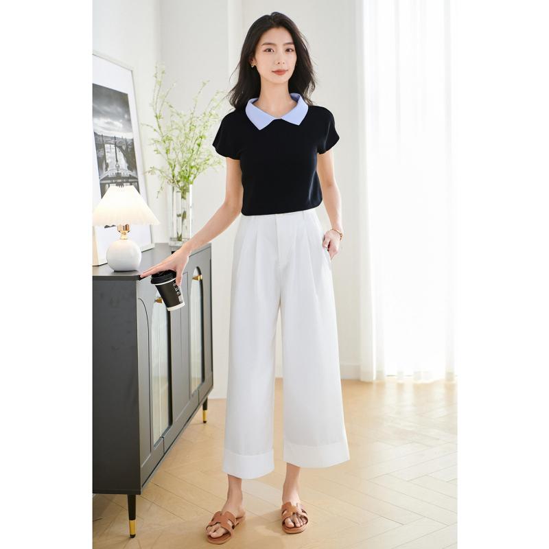 ツーピース スーツ コントラスト カラー 半袖 プルオーバー ドールカラー ニット Tシャツ ワイド レッグ ドレープ パンツ セットアップ カジュアル レディース 軽量 ソフト オフィス 日常着