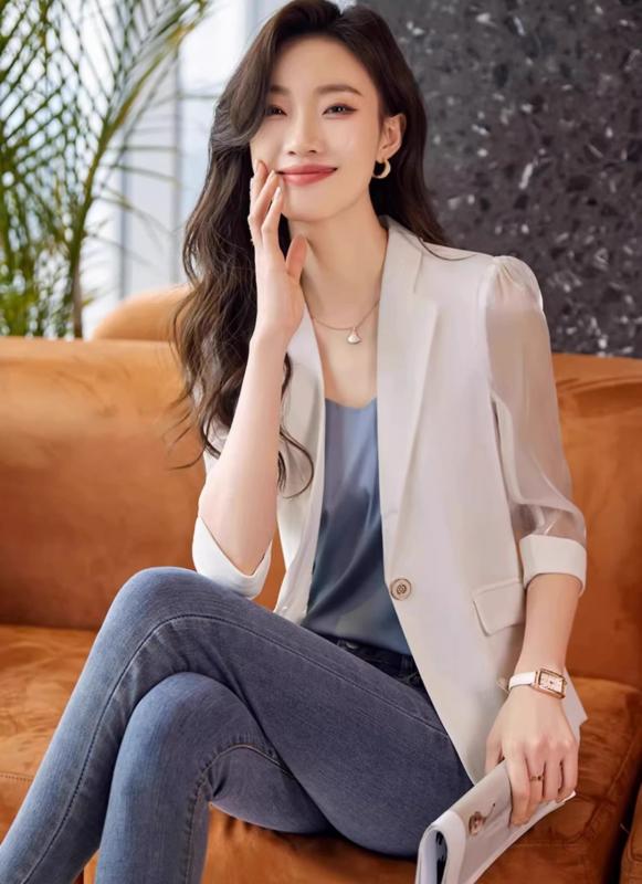 女性 薄手 レディース セットアップ シフォン 無地 エレガント スーツジャケット ビジネス メッシュ 夏 七分袖 オフィスカジュアル セットアップ ワンピース
