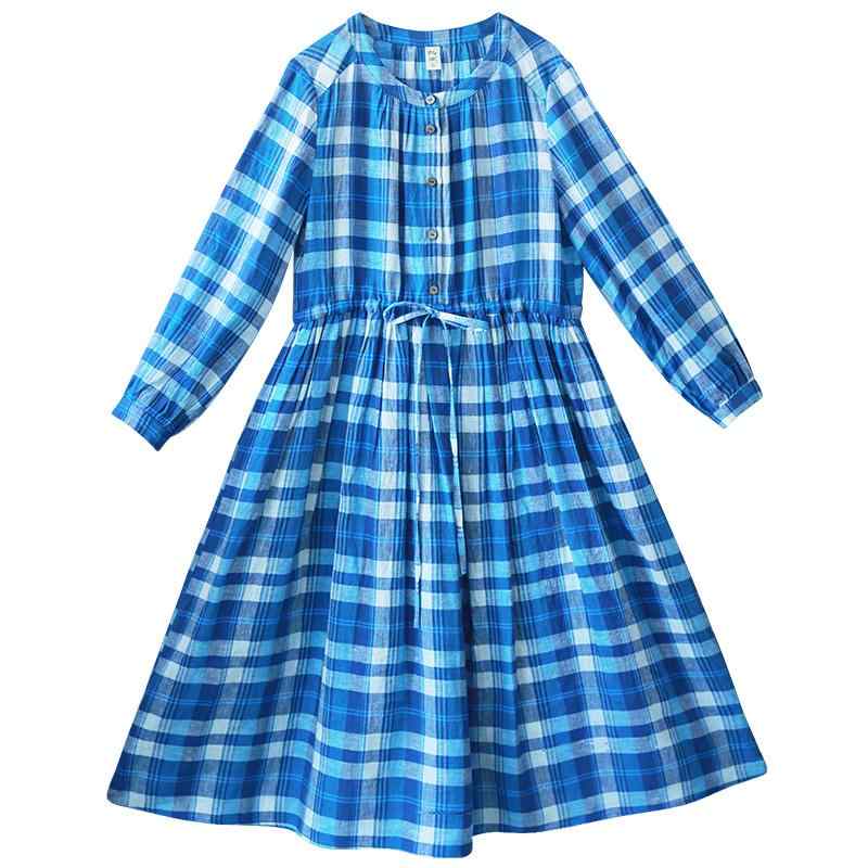 ワンピース ブルー 優雅 チェック柄 日常使い Aライン プルオーバー シンプル 上品 レディース 春 ラウンドネック フェミニン かわいい